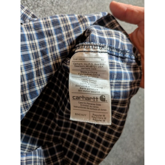 Carhartt Shirt Men's Medium Button Up Short Sleeve Relaxed Fit Blue Plaid - Picture 9 of 11